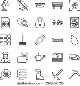 Thin Line Icon Set - baggage larry vector, rake, watering can, boot, bench, heart diagnostic, patch, cash, car delivery, menu, message, sim, mute, document folder, desk lamp, estate search, lock