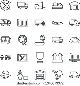 Thin Line Icon Set - baggage conveyor vector, airport bus, fork loader, larry, plane, globe, truck trailer, cargo container, car delivery, sea port, fragile, up side sign, warehouse, heavy scales