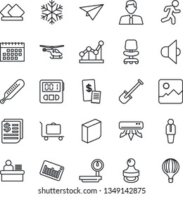 Thin Line Icon Set - baggage trolley vector, helicopter, manager, office chair, shovel, thermometer, run, receipt, heavy scales, barcode, speaker, gallery, stopwatch, calendar, blank box, desk