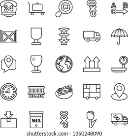 Thin Line Icon Set - baggage trolley vector, earth, pin, railroad, traffic light, 24 hours, mobile tracking, car delivery, clock, container, consolidated cargo, fragile, umbrella, up side sign