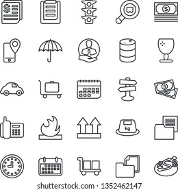 Thin Line Icon Set - baggage trolley vector, signpost, cash, traffic light, office phone, client, mobile tracking, car delivery, clock, term, receipt, clipboard, folder document, fragile, cargo