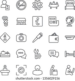 Thin Line Icon Set - baggage conveyor vector, no smoking, baby room, reception, globe, pen, meeting, patient, hook, camera, dialog, root setup, news, bedroom, cafe building, bowl, eye scan, wallet