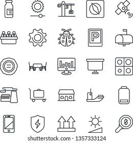 Thin Line Icon Set - baggage trolley vector, parking, presentation board, meeting, factory, statistic monitor, stamp, lady bug, ampoule, sea shipping, up side sign, satellite, cell phone, protect