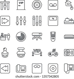 Thin Line Icon Set - baggage conveyor vector, passport control, security gate, radar, stamp, scales, gamepad, settings, remote, fast forward, rewind, rec button, record, air conditioner, vip zone