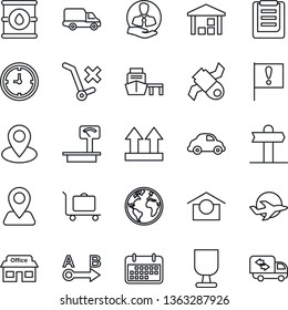Thin Line Icon Set - baggage trolley vector, signpost, navigation, earth, pin, important flag, store, plane, satellite, client, car delivery, clock, term, sea port, clipboard, fragile, up side sign