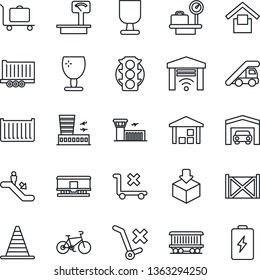 Thin Line Icon Set - baggage trolley vector, escalator, ladder car, border cone, luggage scales, airport building, bike, railroad, traffic light, truck trailer, cargo container, fragile, no, package