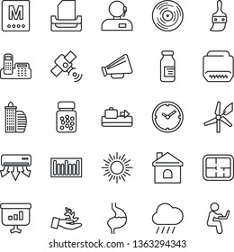 Thin Line Icon Set - Baggage Conveyor Vector, Sun, House, Rain, Pills Bottle, Ampoule, Stomach, Barcode, Vinyl, Satellite, Loudspeaker, Hdmi, Themes, Clock, Office Phone, Support, Paper Tray, Plan