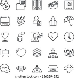 Thin Line Icon Set - baggage trolley vector, umbrella, speaking man, hierarchy, team, office binder, brainstorm, heart pulse, patient, folder document, fragile, route, flame disk, dialog, hdmi, hr