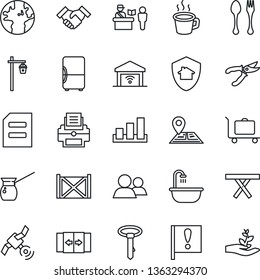 Thin Line Icon Set - baggage trolley vector, spoon and fork, passport control, automatic door, document, pruner, garden light, picnic table, navigation, earth, important flag, container, sorting