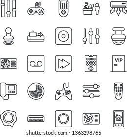 Thin Line Icon Set - baggage conveyor vector, passport control, stamp, radar, gamepad, settings, remote, fast forward, rec button, tuning, record, air conditioner, vip zone, intercome, home app