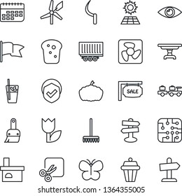 Thin Line Icon Set - baggage larry vector, rake, butterfly, sickle, pumpkin, fireplace, eye, signpost, truck trailer, term, tulip, shield, themes, cut, sun panel, sale, table, phyto bar, bread, chip