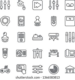 Thin Line Icon Set - baggage conveyor vector, security gate, stamp, radar, scales, gamepad, settings, remote control, fast forward, tuning, record, air conditioner, vip zone, home, intercome, app