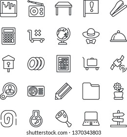 Thin Line Icon Set - baggage trolley vector, globe, abacus, notebook pc, pencil, bird house, important flag, no, radio, satellite, scanner, folder, stapler, table, air conditioner, flower in pot