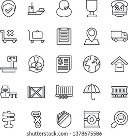 Thin Line Icon Set - baggage trolley vector, signpost, earth, pin, railroad, 24 hours, support, client, sea shipping, truck trailer, car delivery, receipt, port, container, clipboard, fragile, no