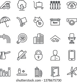 Thin Line Icon Set - baggage trolley vector, umbrella, escalator, ladder car, lock, mobile phone, tree, watering, cargo, flame disk, equalizer, user, mute, office building, chair, garage, rent, door