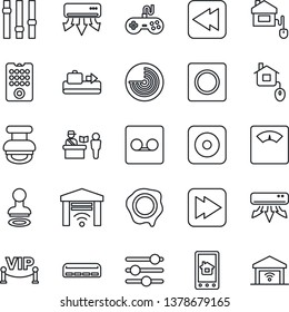 Thin Line Icon Set - baggage conveyor vector, passport control, stamp, radar, scales, gamepad, settings, fast forward, rewind, rec button, tuning, record, air conditioner, vip zone, home, remote
