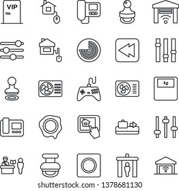 Thin Line Icon Set - baggage conveyor vector, passport control, security gate, stamp, radar, scales, gamepad, settings, rewind, tuning, record, air conditioner, vip zone, home, intercome, app