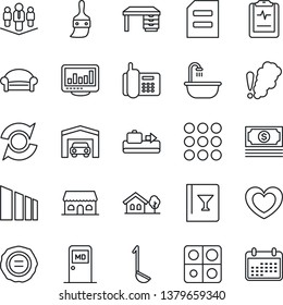 Thin Line Icon Set - baggage conveyor vector, waiting area, medical room, desk, document, stamp, heart, pulse clipboard, cash, office phone, sorting, menu, themes, application, update, company