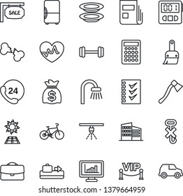 Thin Line Icon Set - baggage conveyor vector, money bag, axe, heart pulse, barbell, bike, broken bone, 24 hours, no hook, themes, stopwatch, case, monitor statistics, news, checklist, sale, bathroom