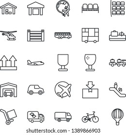 Thin Line Icon Set - baggage conveyor vector, airport bus, escalator, waiting area, larry, plane, helicopter, seat map, globe, bike, car delivery, container, consolidated cargo, fragile, warehouse