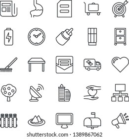 Thin Line Icon Set - baggage trolley vector, document, rake, heart, hand, stomach, satellite antenna, news, monitor, rca, mail, charge, clock, archive box, fruit tree, office building, table, moving