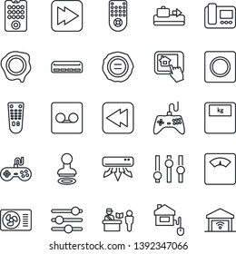 Thin Line Icon Set - baggage conveyor vector, passport control, stamp, scales, gamepad, settings, remote, fast forward, rewind, tuning, record, air conditioner, home, intercome, app, garage gate