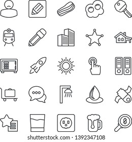 Thin Line Icon Set - baggage trolley vector, train, sun, safe, office binder, water drop, patient, satellite, touch screen, dialog, favorites list, notes, building, pencil, house with garage, key
