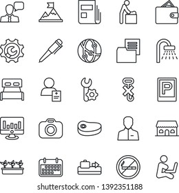 Thin Line Icon Set - baggage conveyor vector, parking, no smoking, baby room, shower, pen, statistic monitor, seedling, patient, term, folder document, hook, camera, network, speaker, user, news