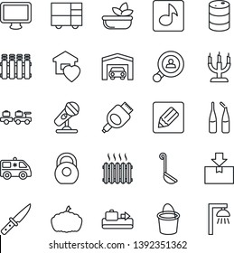 Thin Line Icon Set - baggage conveyor vector, larry, bucket, pumpkin, ampoule, ambulance car, consolidated cargo, package, heavy, oil barrel, microphone, monitor, hdmi, notes, music, garage, heater