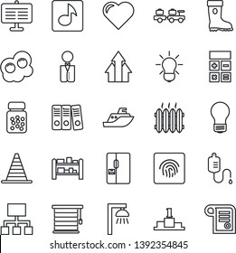 Thin Line Icon Set - baggage larry vector, border cone, calculator, bulb, boot, heart, dropper, pills bottle, sea shipping, rack, fingerprint id, music, presentation board, paper binder, heater
