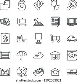 Thin Line Icon Set - baggage trolley vector, route, navigation, plane, cash, sea shipping, truck trailer, car delivery, receipt, port, container, folder document, fragile, cargo, umbrella, tulip