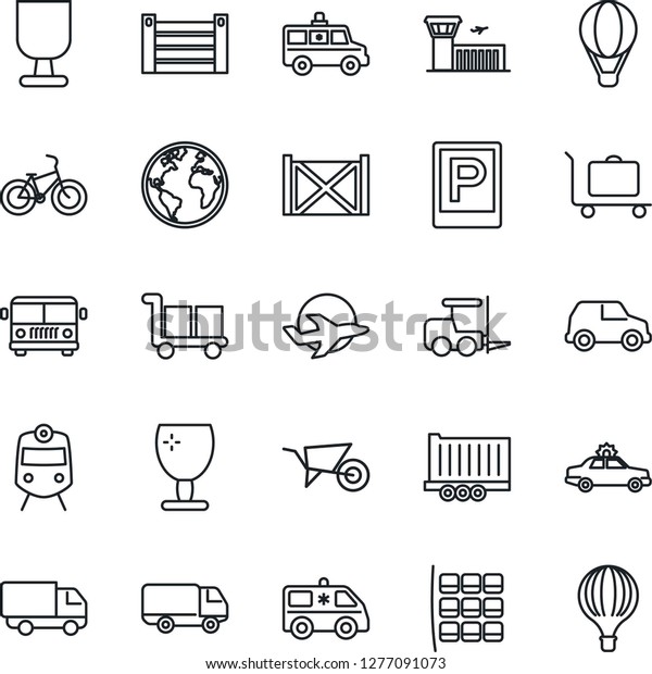 Thin Line Icon Set - baggage trolley vector,\
airport bus, parking, train, alarm car, fork loader, seat map,\
building, wheelbarrow, ambulance, bike, earth, plane, truck\
trailer, delivery,\
container