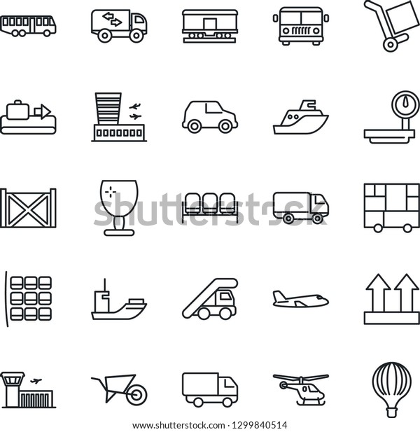 Thin Line Icon Set - baggage conveyor vector,\
airport bus, waiting area, ladder car, plane, helicopter, seat map,\
building, wheelbarrow, sea shipping, delivery, container,\
consolidated cargo,\
moving