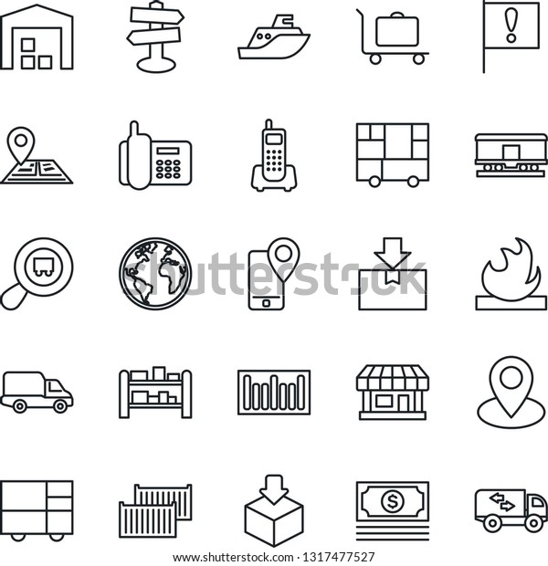 Thin Line Icon Set - baggage trolley vector,\
signpost, navigation, earth, pin, important flag, store, cash,\
office phone, mobile tracking, sea shipping, cargo container, car\
delivery, consolidated