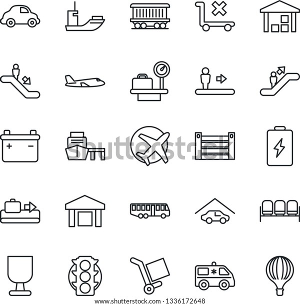Thin Line Icon Set - baggage conveyor vector,\
airport bus, escalator, waiting area, plane, luggage scales,\
ambulance car, railroad, traffic light, sea shipping, delivery,\
port, container, fragile