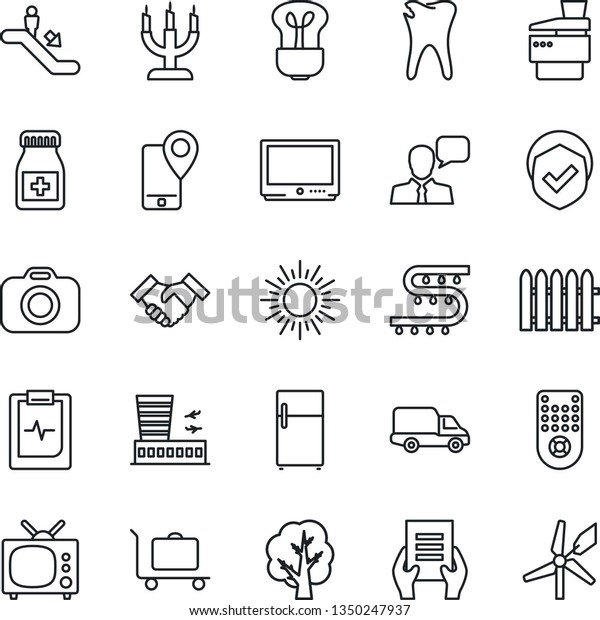 Thin Line Icon Set - baggage trolley vector,
escalator, sun, airport building, document, fence, tree, drip
irrigation, pills bottle, caries, pulse clipboard, mobile tracking,
car delivery, shield