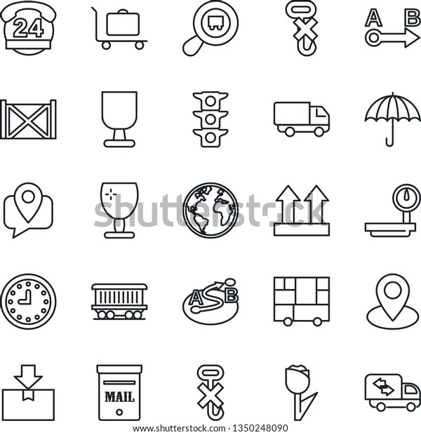 Thin Line Icon Set - baggage trolley vector, earth,
pin, railroad, traffic light, 24 hours, mobile tracking, car
delivery, clock, container, consolidated cargo, fragile, umbrella,
up side sign
