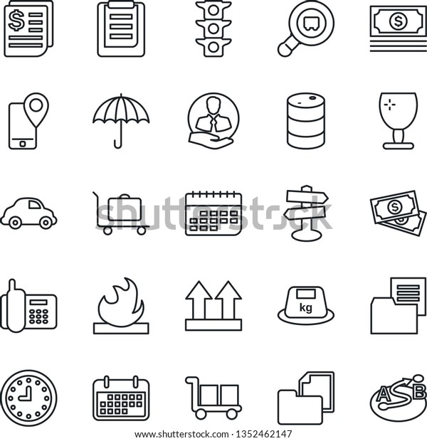 Thin Line Icon Set - baggage trolley vector,
signpost, cash, traffic light, office phone, client, mobile
tracking, car delivery, clock, term, receipt, clipboard, folder
document, fragile, cargo
