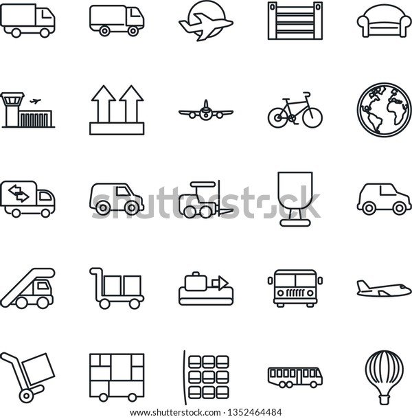 Thin Line Icon Set - baggage conveyor vector,\
airport bus, waiting area, fork loader, ladder car, plane, seat\
map, building, bike, earth, delivery, container, consolidated\
cargo, fragile, moving