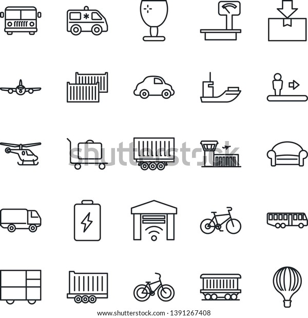 Thin Line Icon Set - baggage trolley vector,\
airport bus, escalator, waiting area, plane, helicopter, building,\
ambulance car, bike, railroad, sea shipping, truck trailer, cargo\
container, delivery