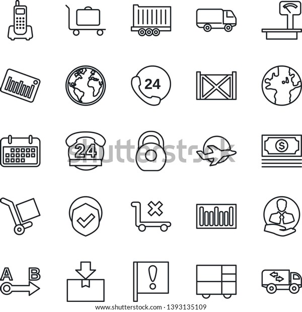 Thin Line Icon Set - baggage trolley vector,\
earth, important flag, plane, cash, office phone, 24 hours, client,\
truck trailer, car delivery, term, container, consolidated cargo,\
no, package, shield