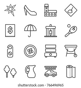 Thin line icon set : bang, shoes, mansion, under construction, tax, dry cargo, detector, tennis, do not distrub, cooler fan, double boiler, bbq, trees, jug, car wash, paper towel