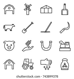 thin line icon set : barn, windmill, greenhouse, scoop, cow, shovel, rake, sickle, pig, harvest, horseshoe, harvester, tractor, sow, fertilizer