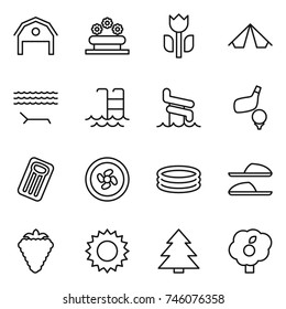 thin line icon set : barn, flower bed, perishable, tent, lounger, pool, aquapark, golf, inflatable mattress, cooler fan, slippers, berry, sun, spruce, garden