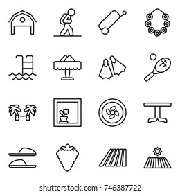 thin line icon set : barn, tourist, suitcase, hawaiian wreath, pool, restaurant, flippers, tennis, palm hammock, flower in window, cooler fan, table, slippers, berry, field