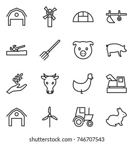 thin line icon set : barn, windmill, greenhouse, plow, soil cutter, fork, pig, harvest, cow, chicken, harvester, tractor, rabbit