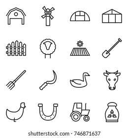 thin line icon set : barn, windmill, greenhouse, fence, sheep, field, shovel, fork, sickle, goose, cow, chicken, horseshoe, tractor, fertilizer