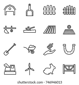 thin line icon set : barn, scoop, fence, plow, soil cutter, field, shovel, wheelbarrow, harvest, horseshoe, harvester, windmill, rabbit, farm