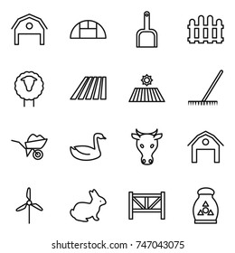 thin line icon set : barn, greenhouse, scoop, fence, sheep, field, rake, wheelbarrow, goose, cow, windmill, rabbit, farm, fertilizer