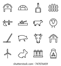 thin line icon set : barn, greenhouse, scoop, fence, plow, soil cutter, cow, sheep, rake, pig, windmill, rabbit, grain elevator, fertilizer